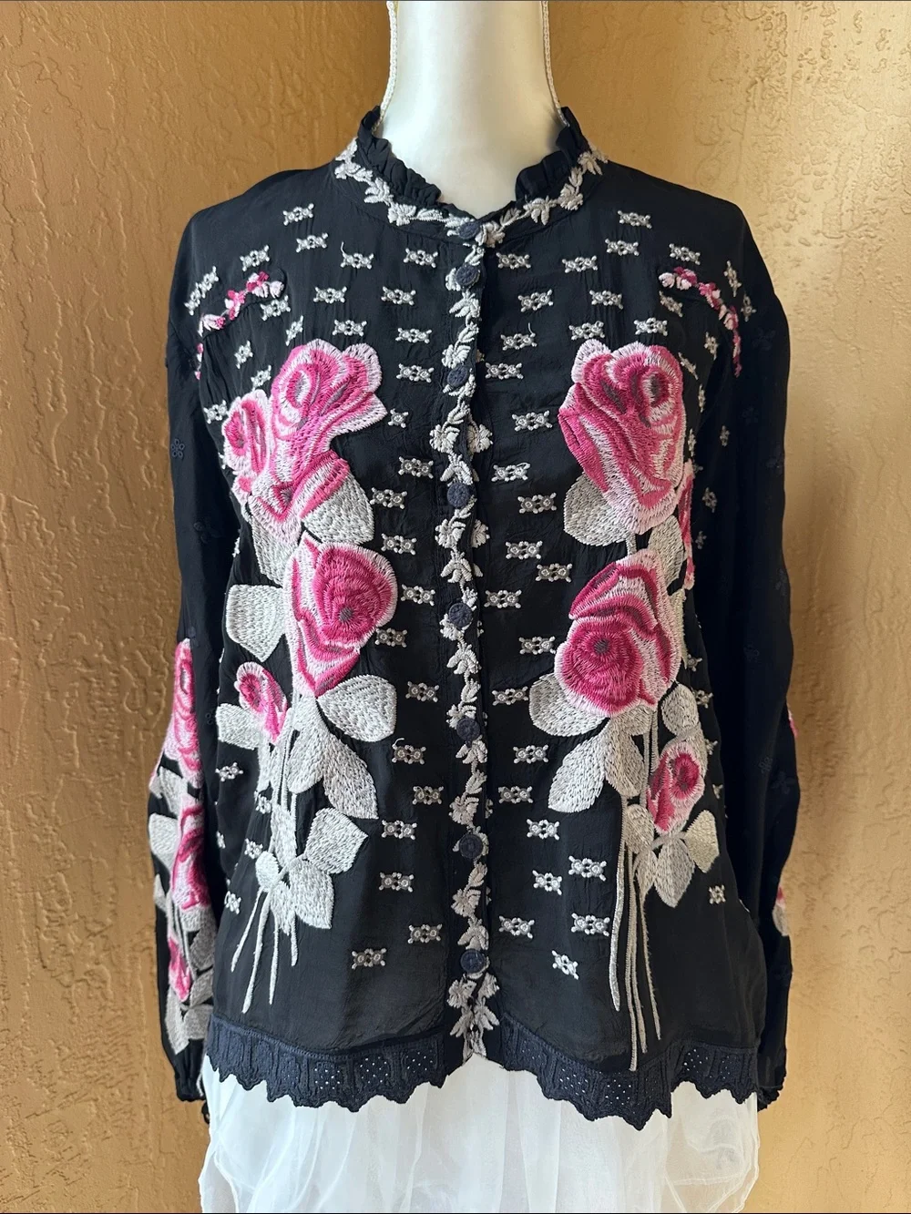 Johnny Was Black Blouse with Pink Rose Embroidery - Picture 2 of 9